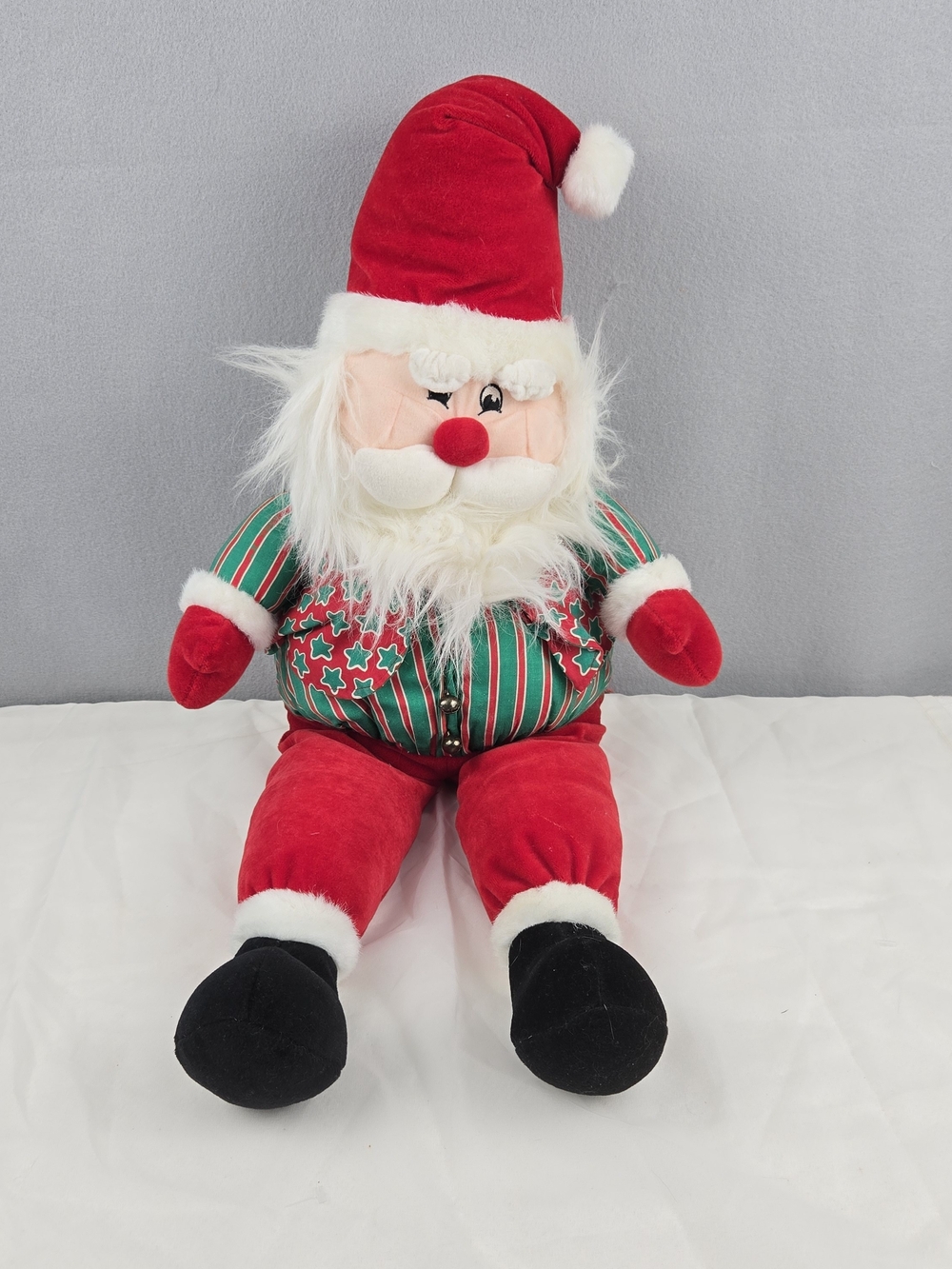 Vintage Plush Winking Santa Shelf Sitter Doll 16" Red Green Star Vest